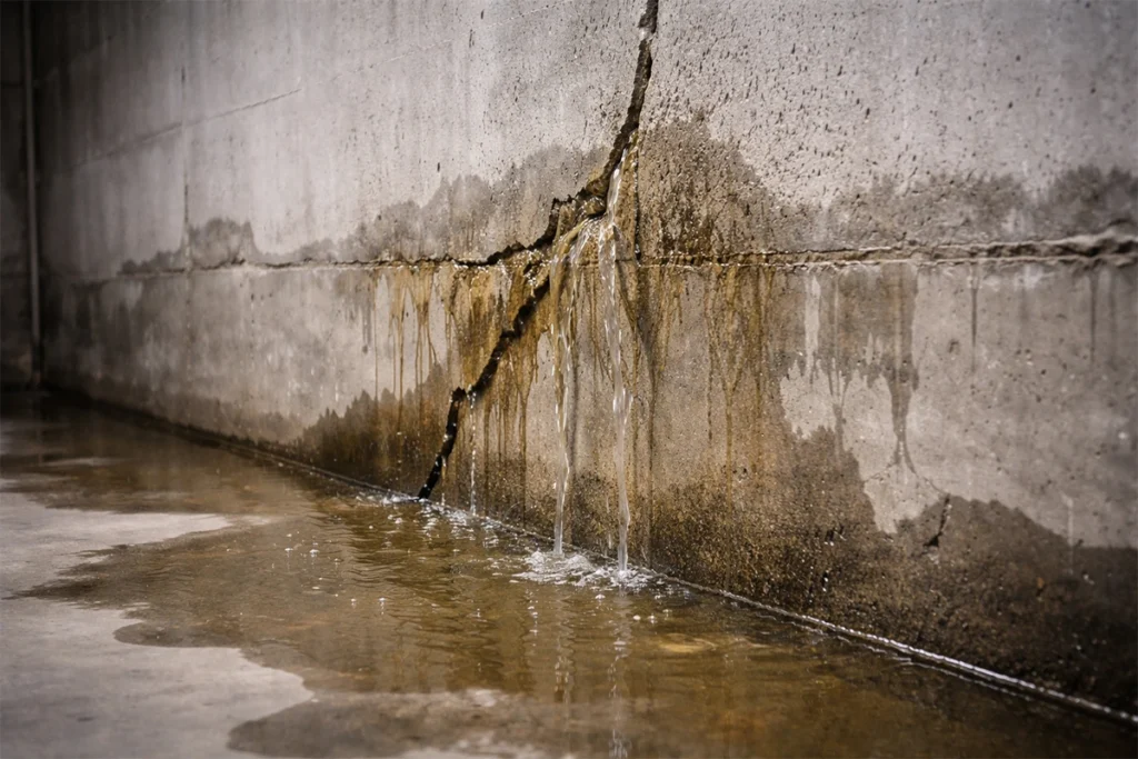 ปัญหาน้ำรั่วซึมในโครงสร้างคอนกรีต ผนังมีคราบน้ำและรอยแตกร้าว