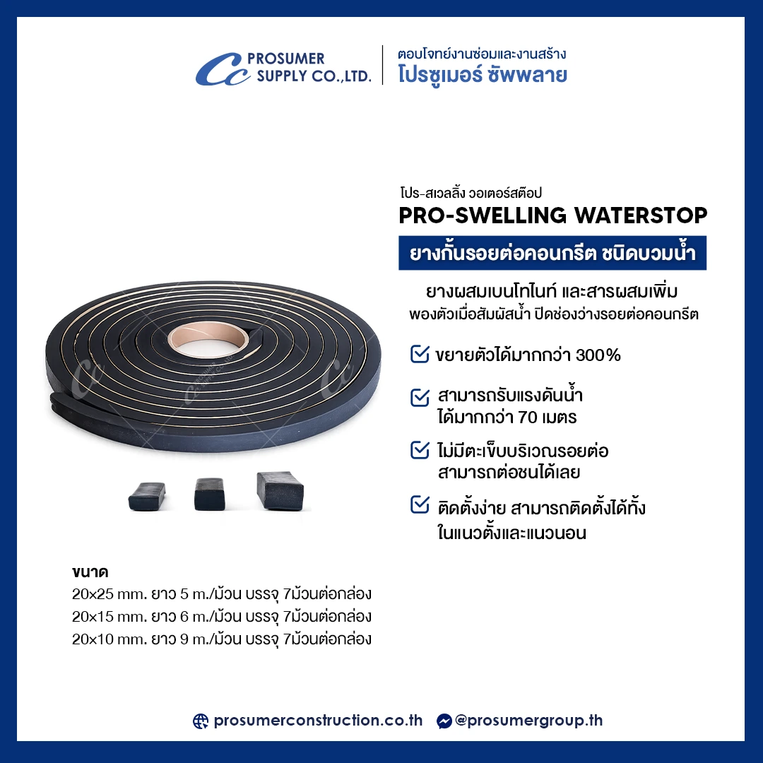 PRO-SWELLING WATERSTOP ยางกั้นรอยต่อคอนกรีตชนิดบวมน้ำ สำหรับป้องกันการรั่วซึมบริเวณรอยต่อคอนกรีตและงานท่อฝังกำแพง